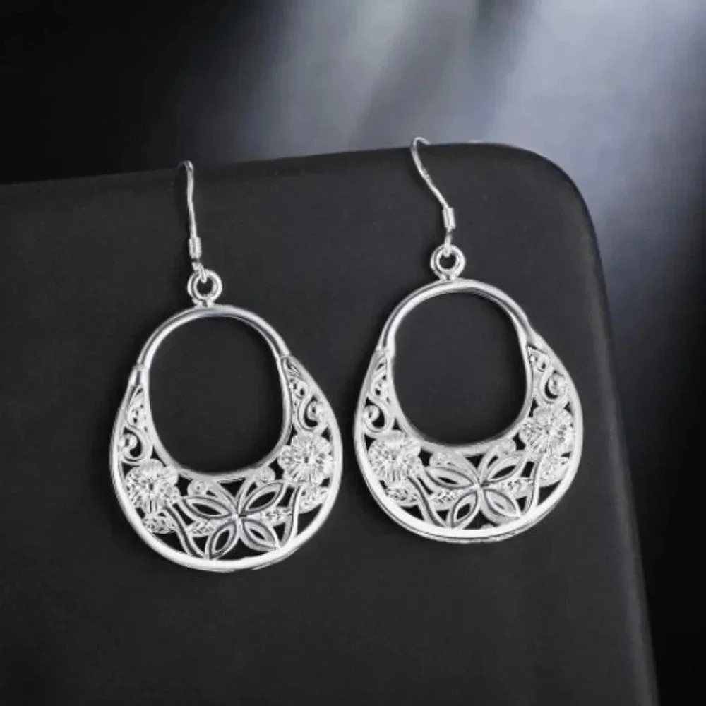 925 Sterling Silver Floral Design Drop Earrings